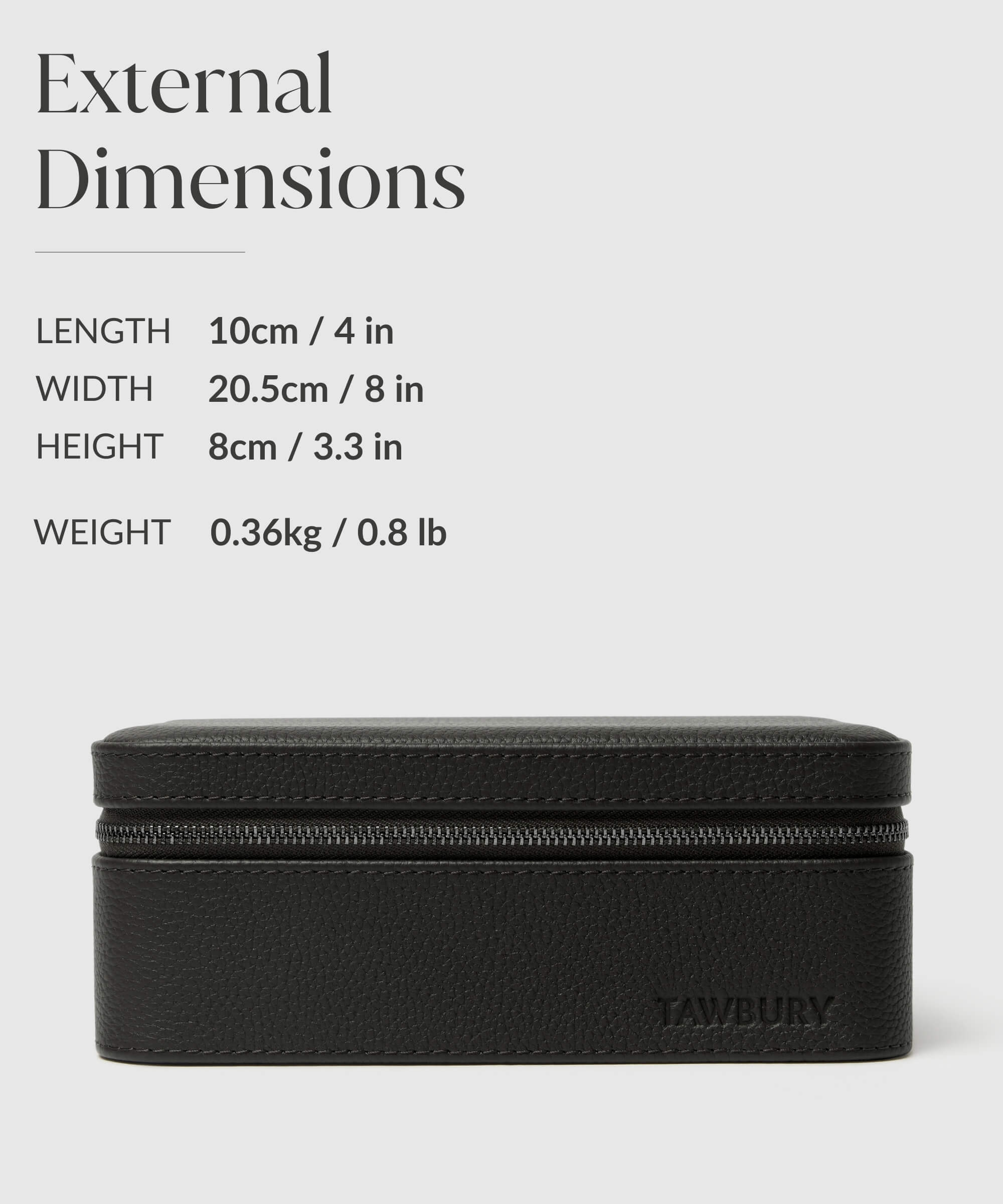 The external dimensions of a Fraser 3 Watch Travel Case - Black for TAWBURY watch lovers.