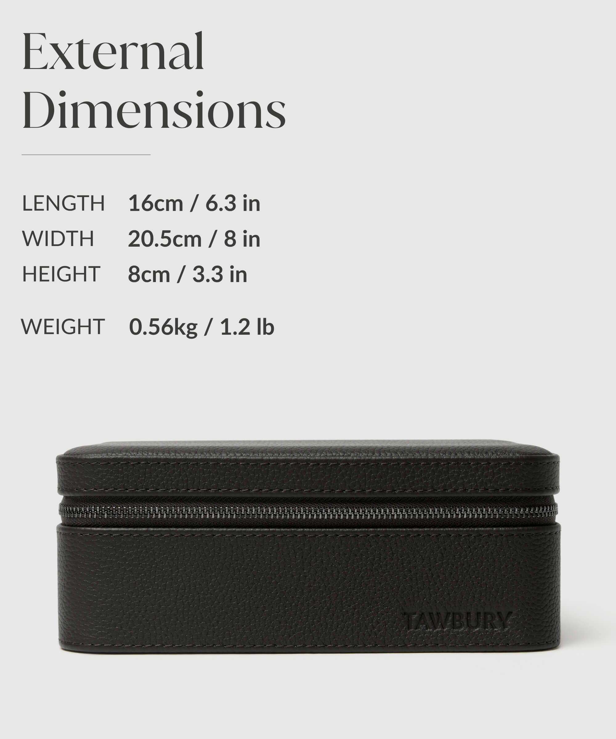The external dimensions of a TAWBURY Fraser 3 Watch Travel Case with Storage - Black.