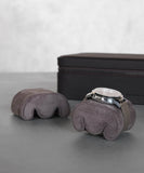 A TAWBURY Fraser 3 Watch Travel Case with Storage - Brown providing protection to a grey leather watch.