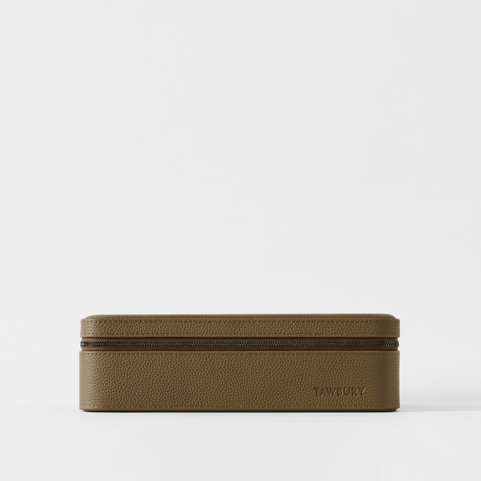 The TAWBURY Fraser 8 Watch Case in Truffle Taupe features a rectangular textured leather design with a zipper, shown against a plain white background.