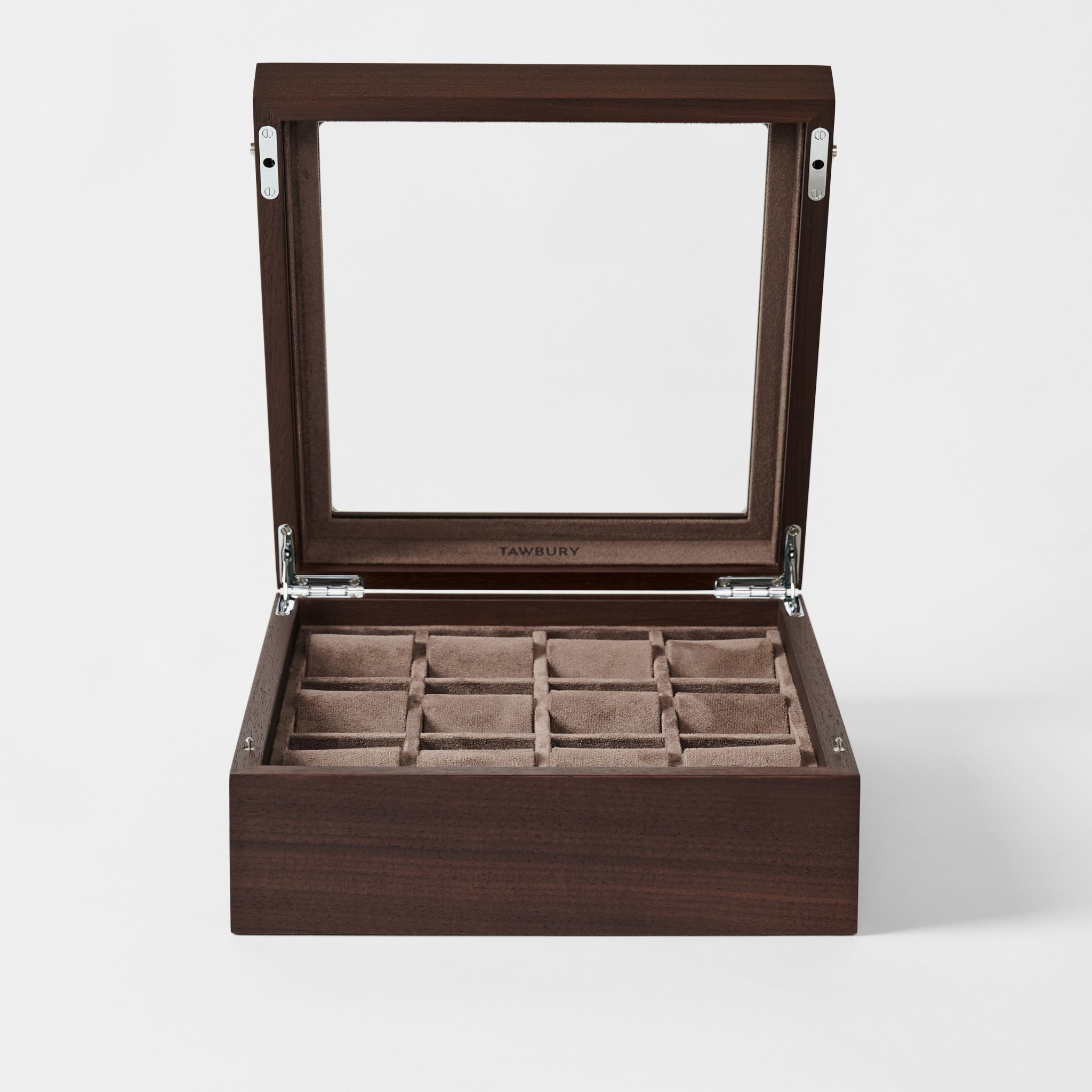 The TAWBURY Grove 12 Slot Wooden Watch Box in dark walnut with a glass lid offers elegant storage and display for your watches or jewelry, keeping them organized and protected in style.
