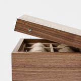 A light walnut TAWBURY Grove 6 Slot Wooden Watch Box with a solid lid reveals a beige-lined, compartmentalized interior—ideal for stylishly displaying or storing watches.